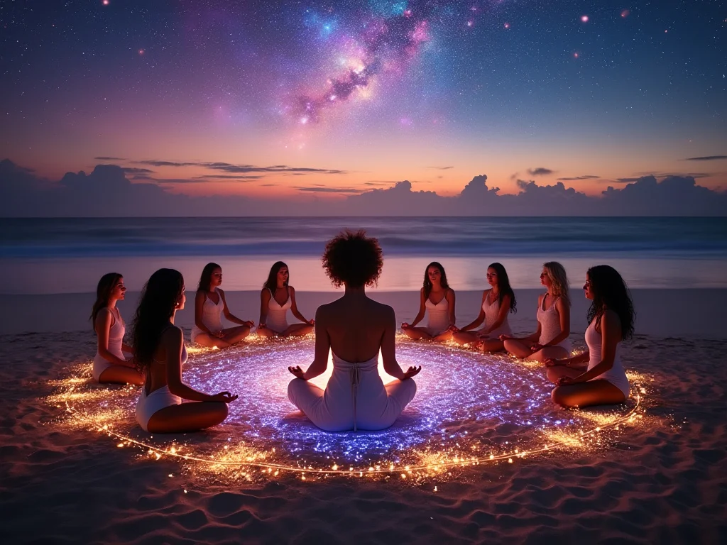 Afro-latina bride, surrounded by her bridesmaids, meditates on the beach.