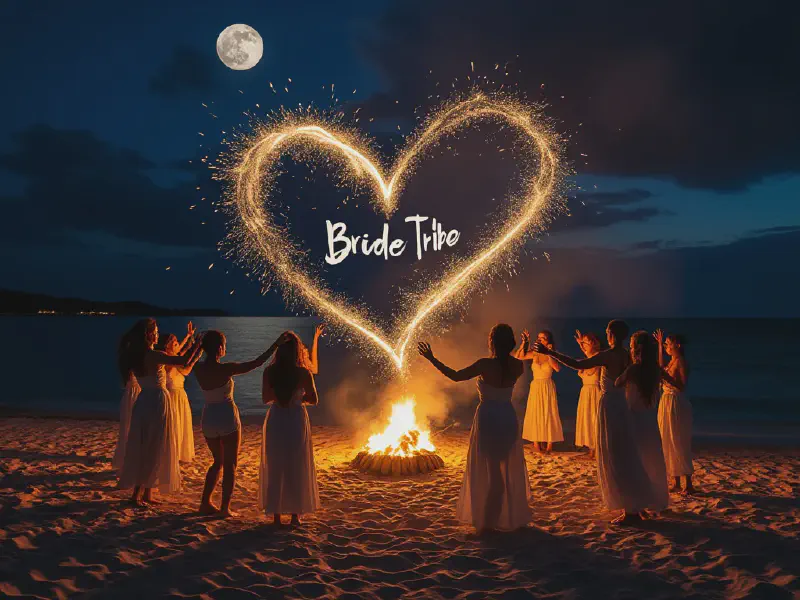 Moonlight Fire Ceremony: The group dancing in a circle around a small bonfire on the beach under a full moon, with sparks and embers swirling into shapes like hearts, flowers, and the words “Bride Tribe” in the air above them.