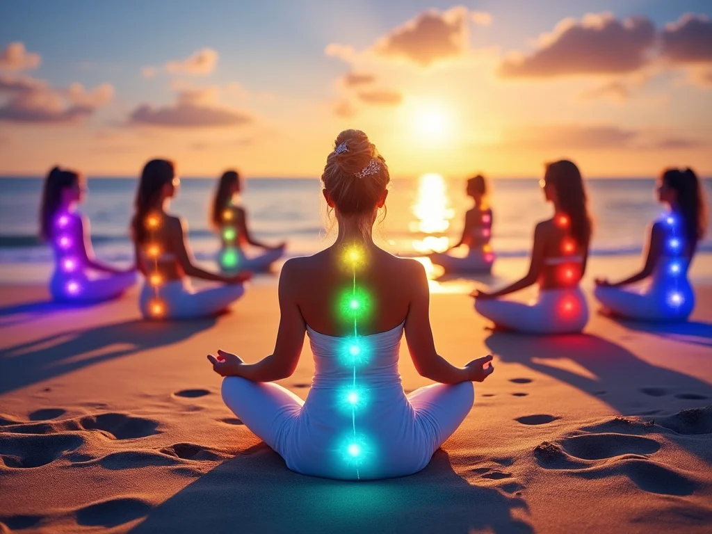 Bachelorette party sunrise yoga on the beach, chakras all lit up