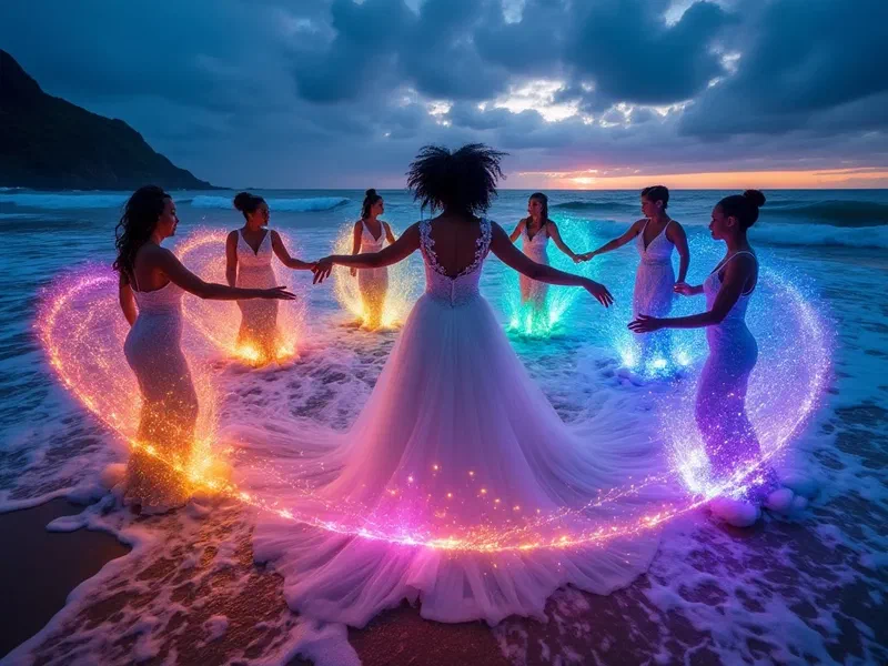 Cosmic energy surrounds the bachelorette party, embracing the ecstatic abundance of their dance on the beach